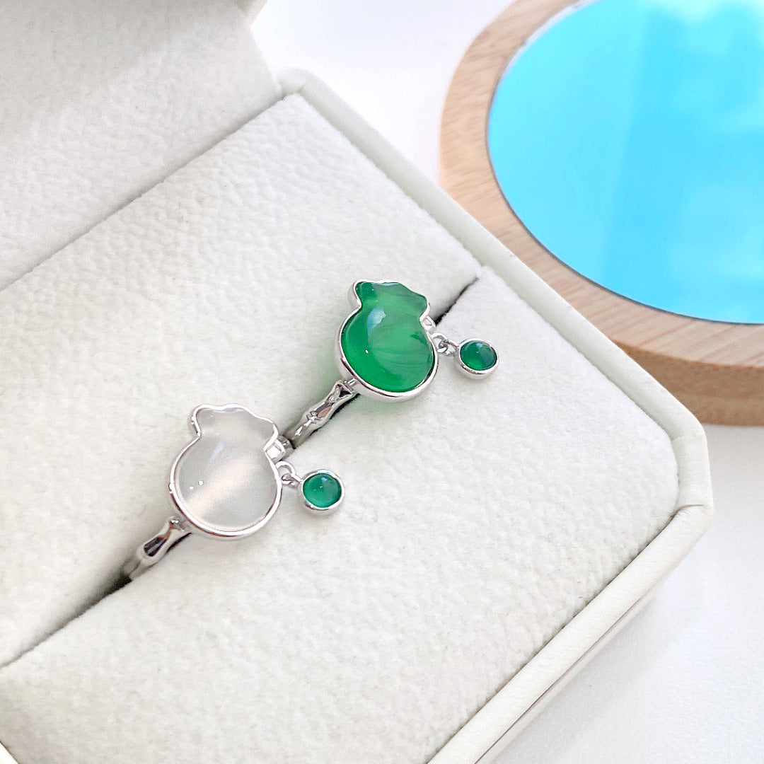 S925 Sterling Silver Natural Chalcedony Lucky Bag Ring — Adjustable