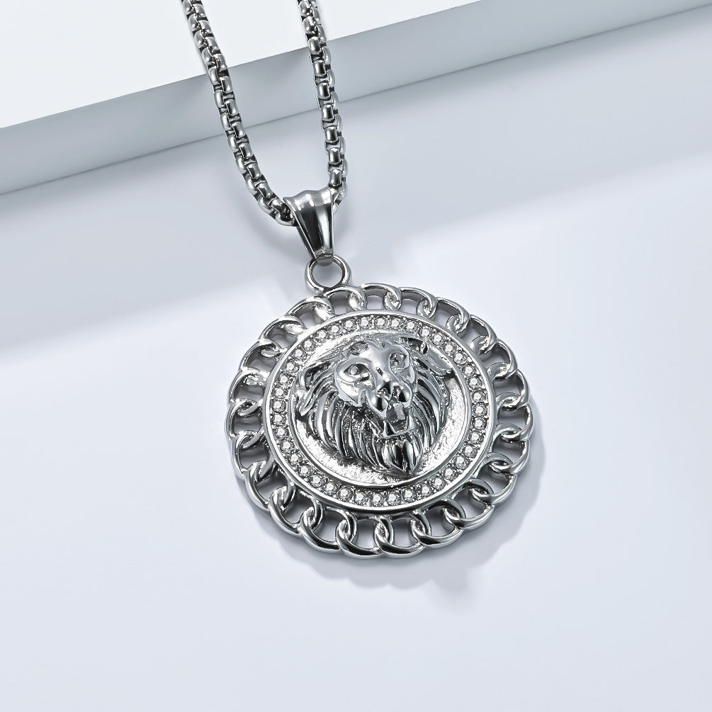 Planderful Lion Head Titanium Stainless Steel Pendant Necklace For Men Personalized Zircon Hip Hop Style