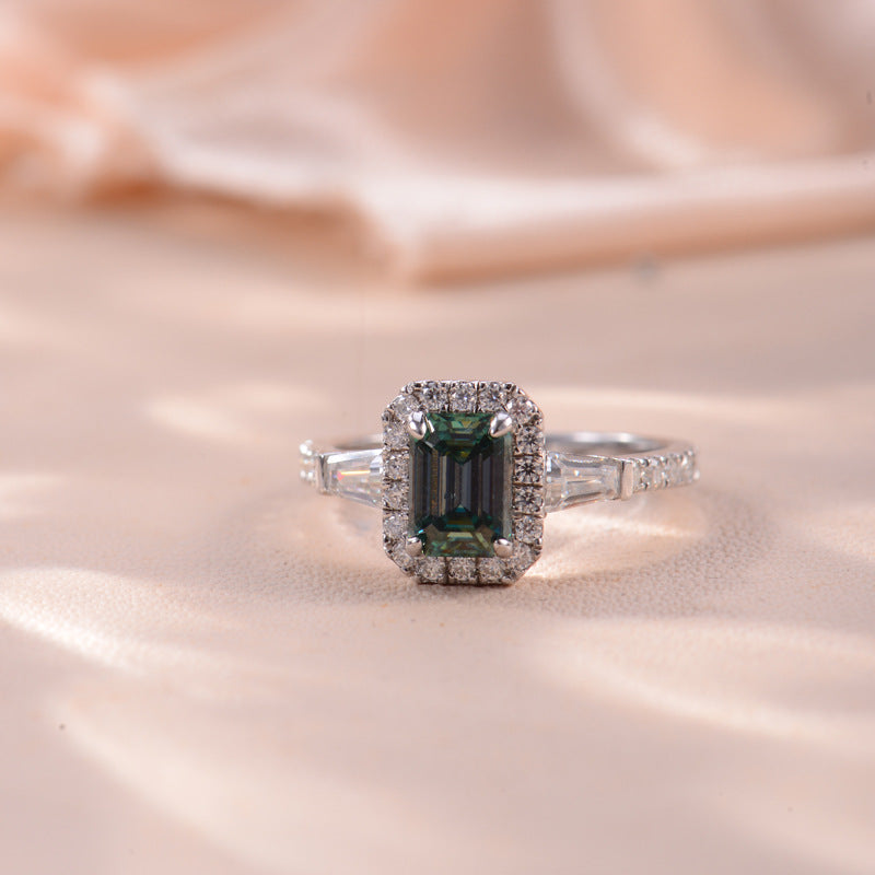 Stylish Soleste Halo 1.0 Carat Emerald Cut Green Moissanite Silver Ring