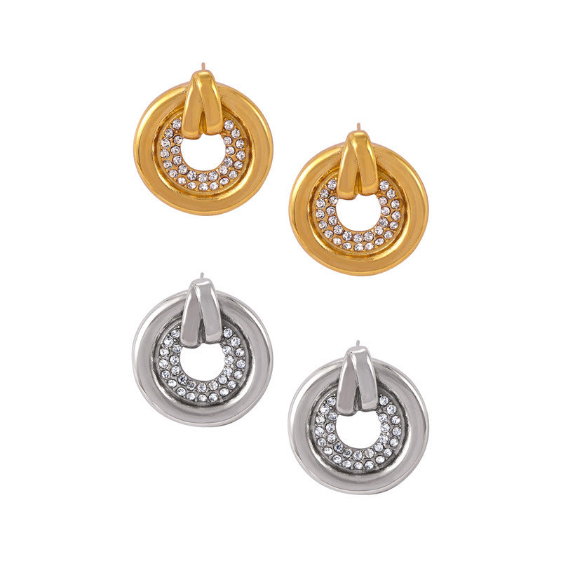 Dazzling Hollow Zircon Ring & Titanium Gold-Plated Earrings Set