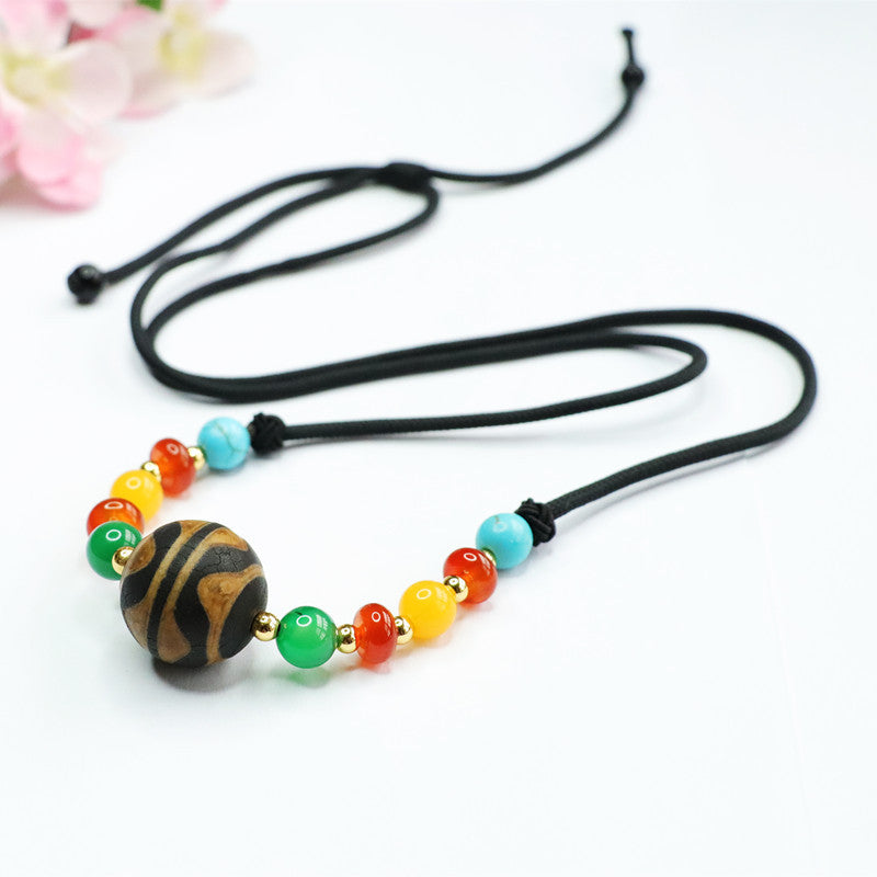 Tiger-Tooth Dzi Agate Bead Cord Pendant