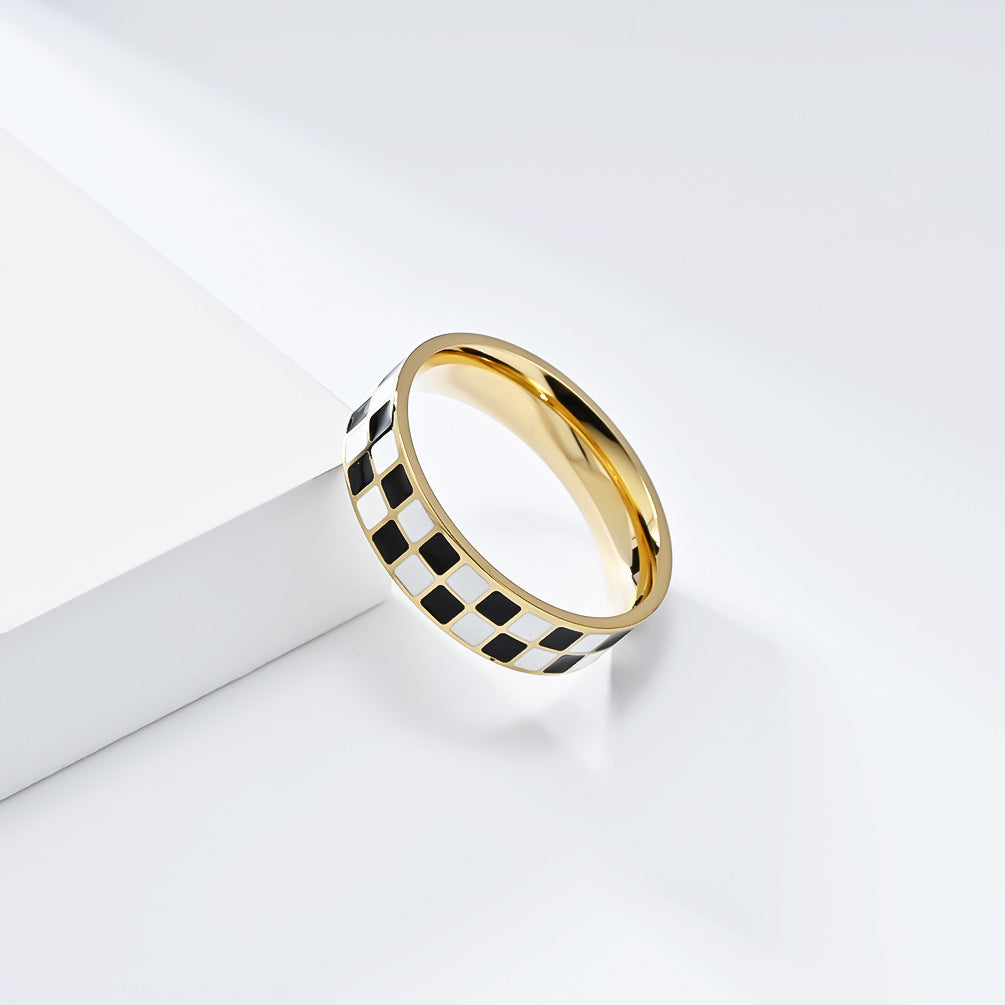 Planderful Everyday Genie Titanium Steel Ring For Women Black White Grid Square Design Elegant Jewelry Sizes 5 To 10
