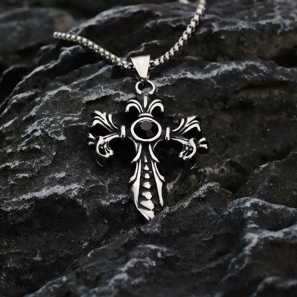 Retro Stainless Steel Men's Pendant Cross Flower Necklace