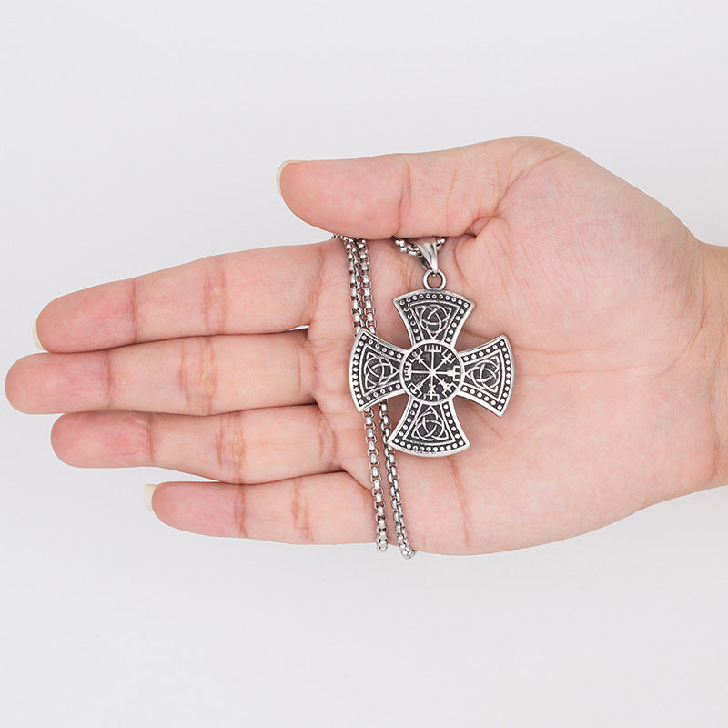 Steel Necklace - Vintage Celtic Viking Rune Cross Pendant For Men With Bold Durable Steel Finish