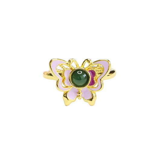 Green Jadeite Butterfly & Enamel Ring