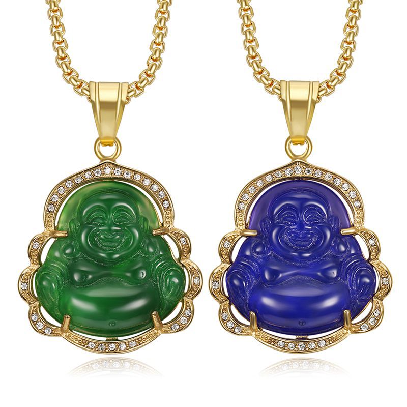 Planderful Maitreya Buddha Pendant Necklace Unisex Gold Plated Titanium Steel Zircon Malay Chalcedony Resin Glazed