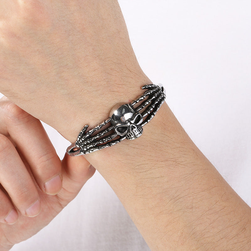 Nordic Viking Skull Bracelet – Gothic Antique Devil Horn Skull Titanium Steel Men's Opening