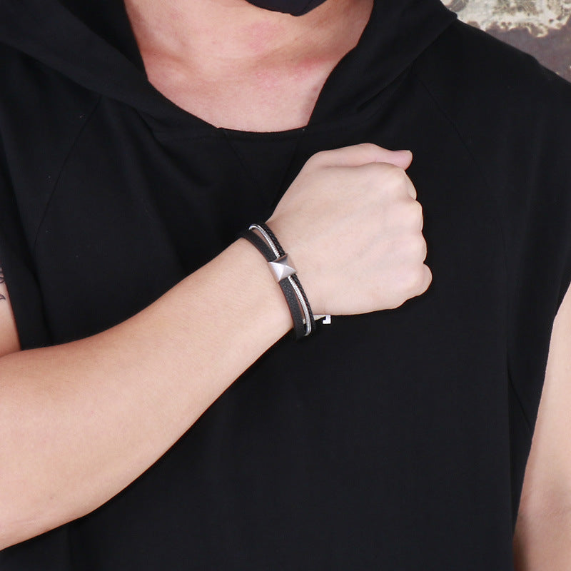 Planderful Titanium Steel Woven Cowhide Bracelet For Men