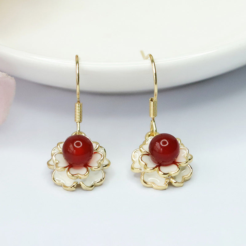 Pigeon Blood Red Agate Earrings with Camellia Flower Ear Hooks