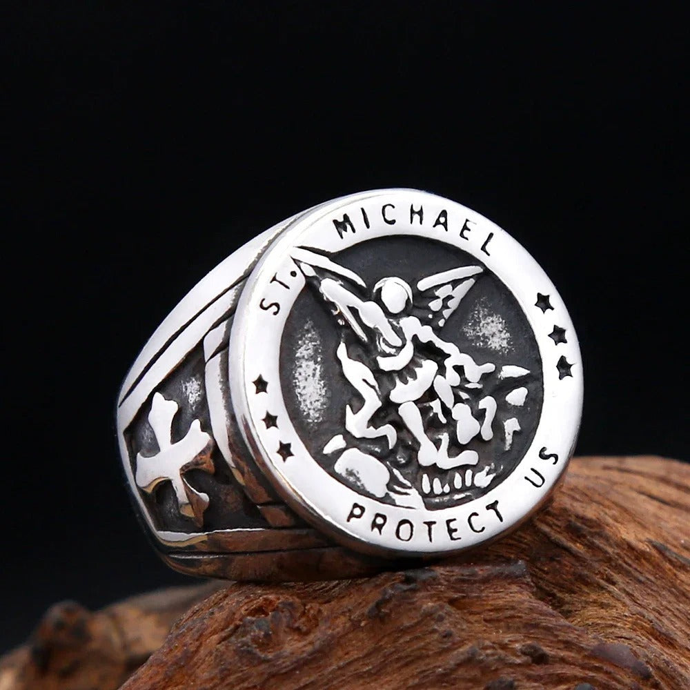 Planderful Archangel Michael Titanium Steel Ring With Angel Wings Cross For Men Mythic God Of War Design