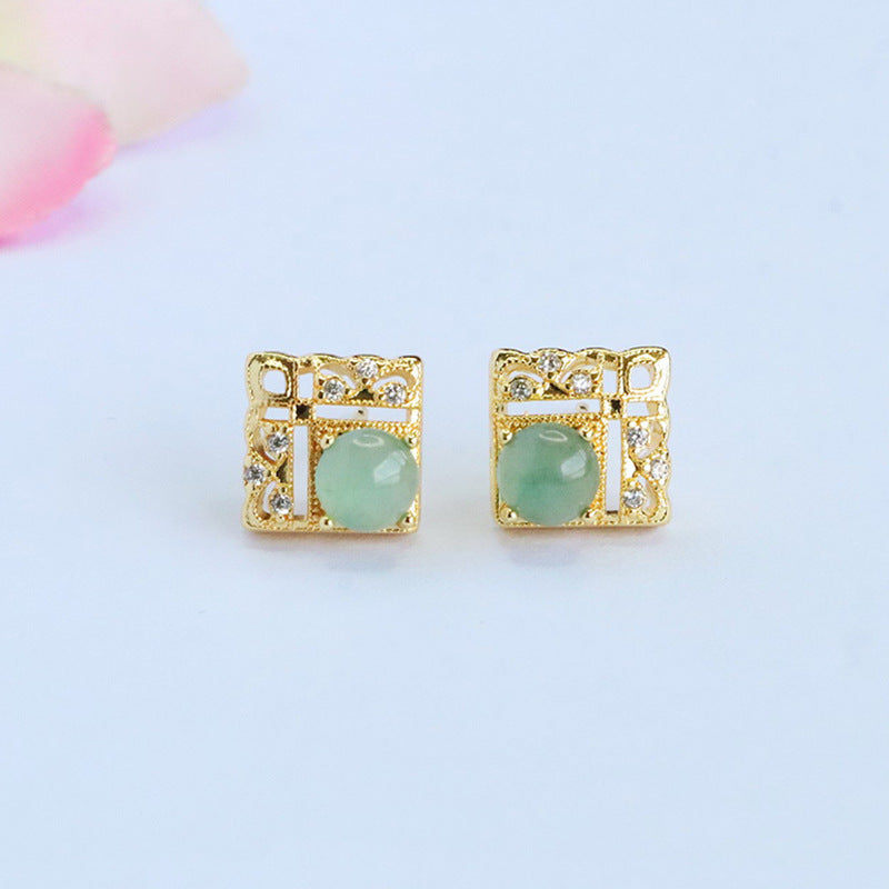 Blue-Water Jadeite Window Motif Stud Earrings