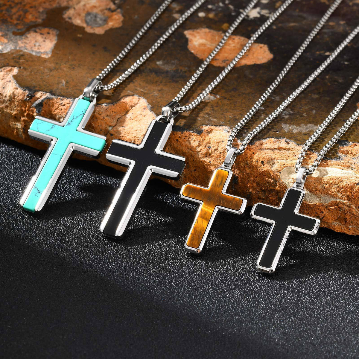 Cross Tiger Turquoise Stainless Steel Necklace for Men