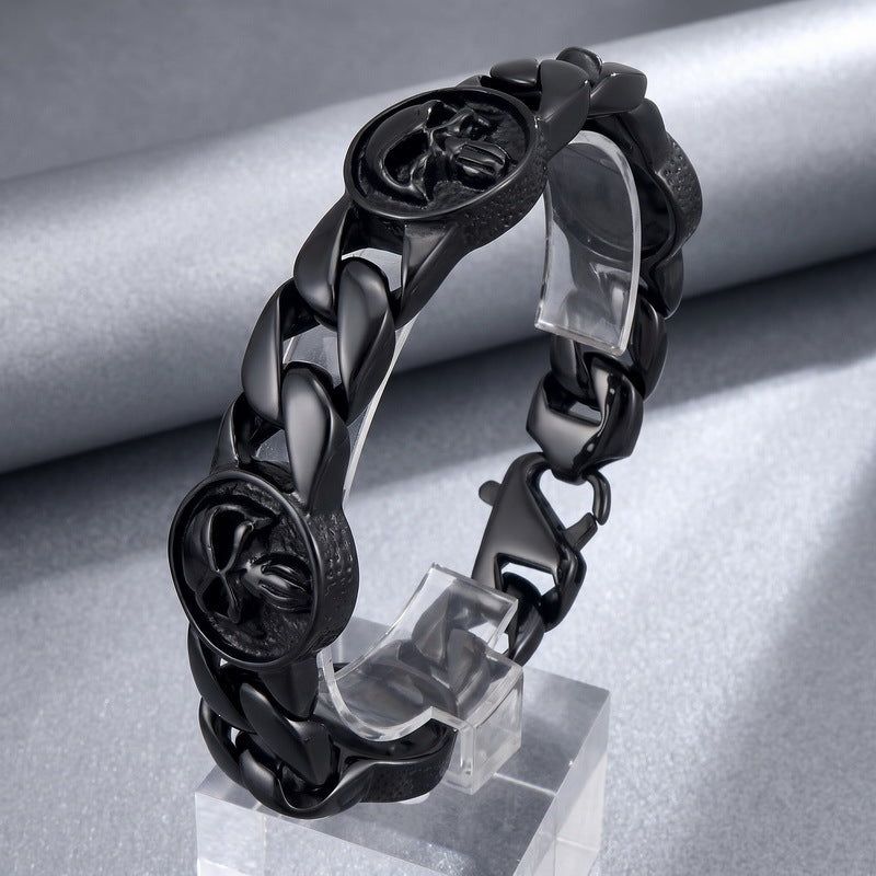 Dark Old 22mm Wide Cuban Chain Layered Skull Round Plate Stainless Steel Bracelet