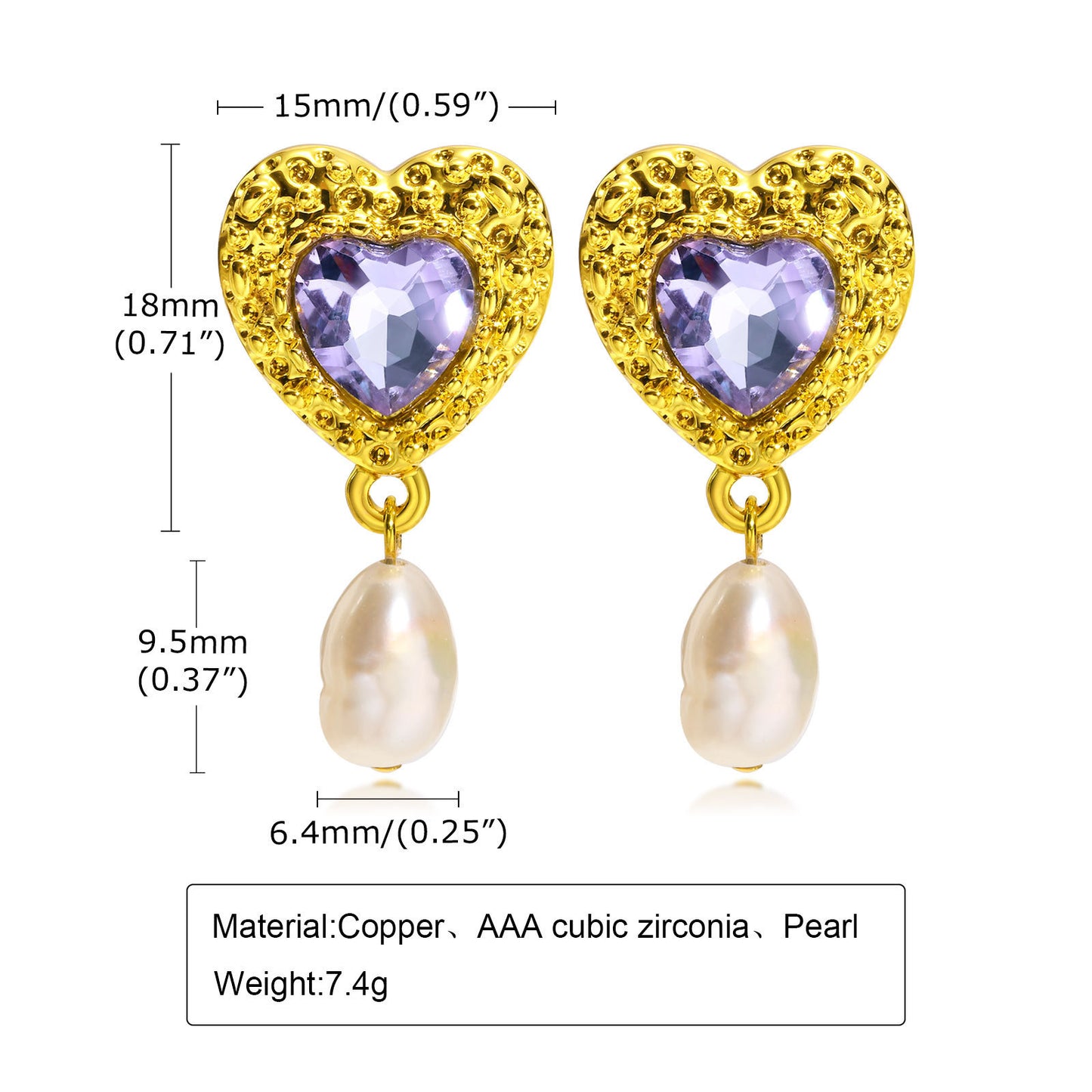 Earrings Heart-Shaped Green Zircon Love Purple Zircon Style