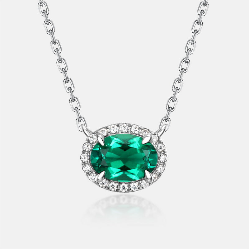 S925 Sterling Silver Lab-Grown Emerald Oval Vintage-Inspired Necklace