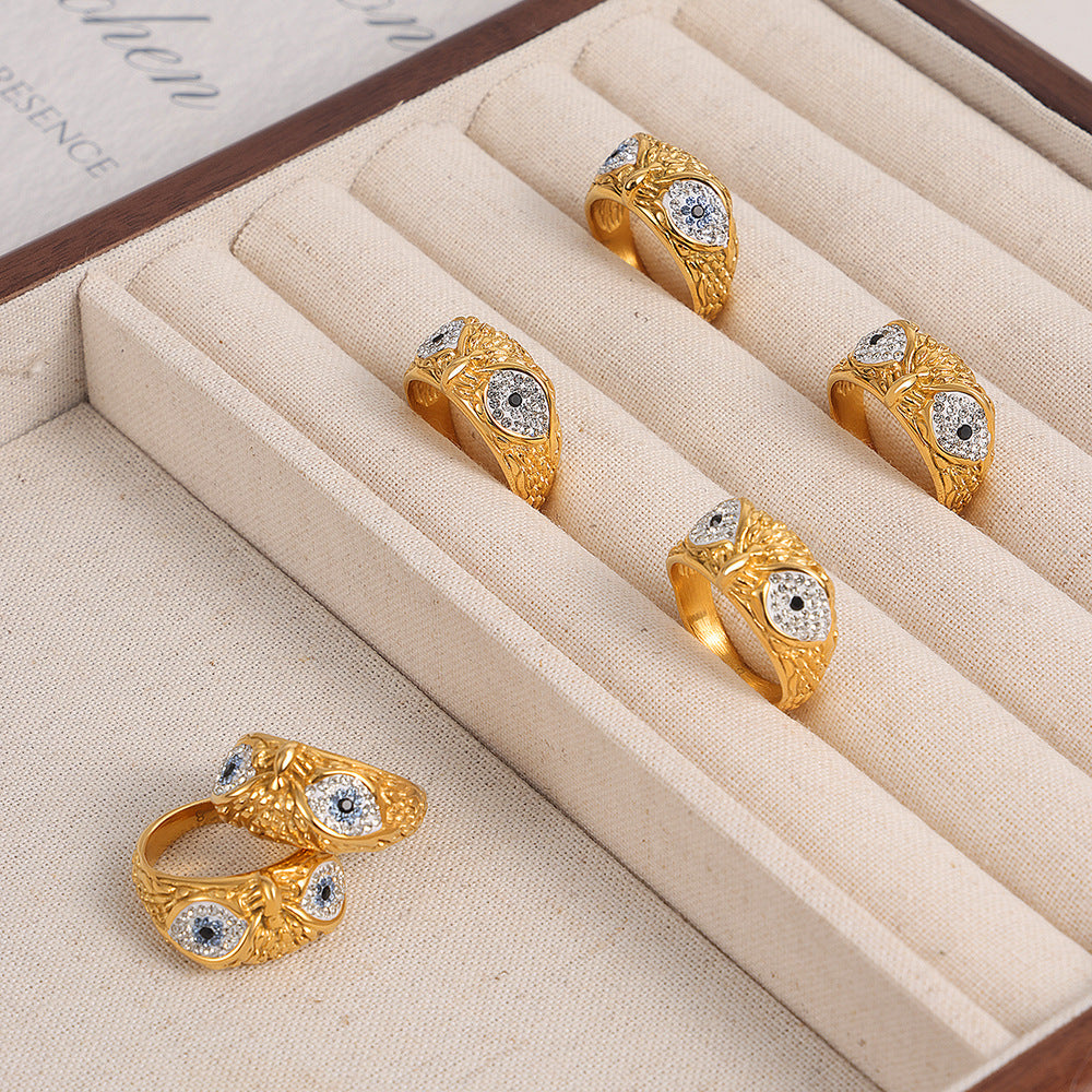 French Retro Eagle Head Zircon Ring - Luxurious Gold-Plated Titanium Steel Jewelry
