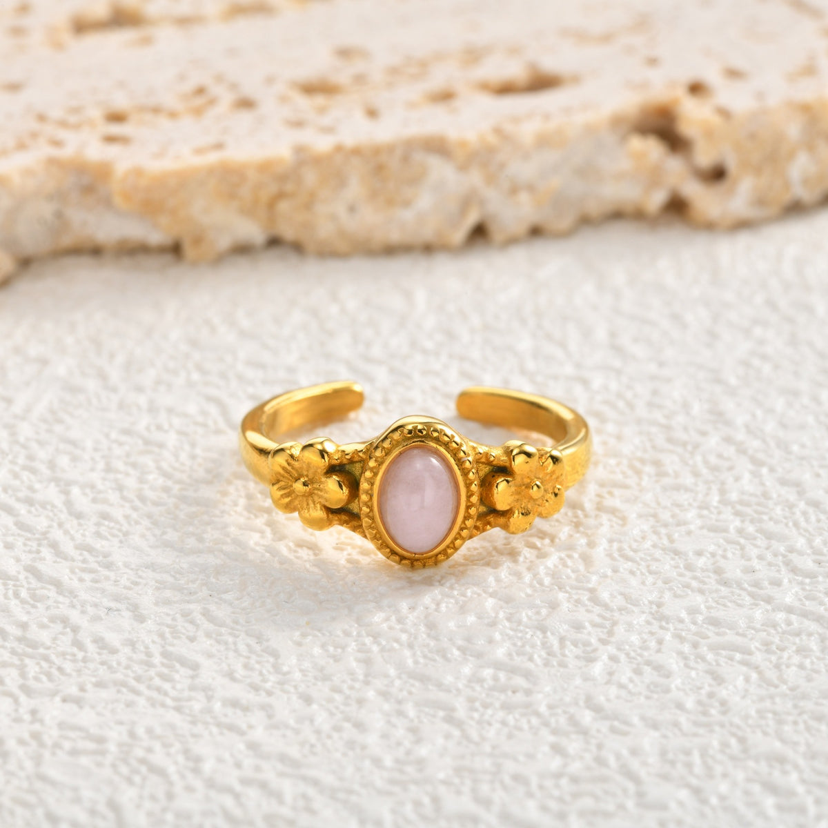 Stainless Steel Oval Egg Powder Spar Flower Opening French Light Girlfriend Gift Ring