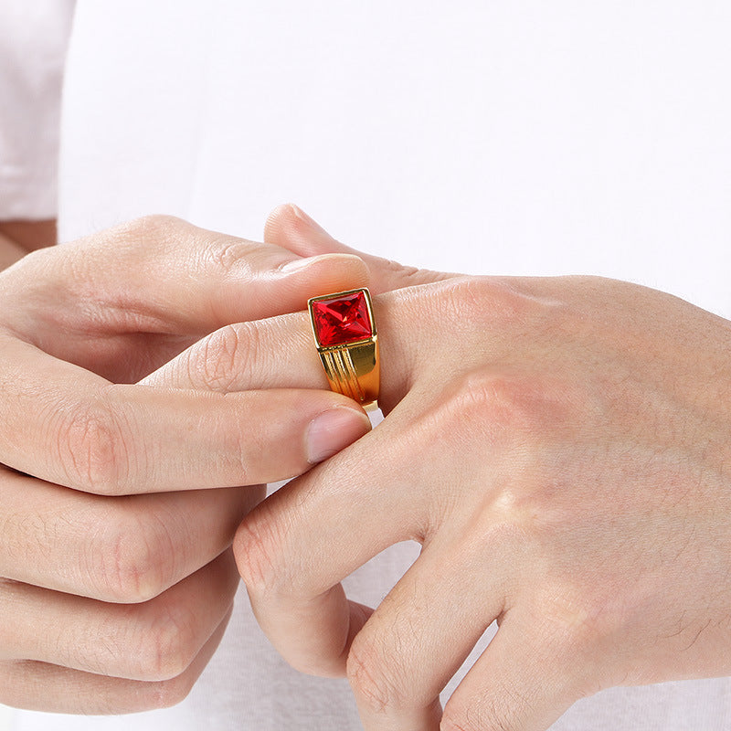 Popular Vacuum Electroplated Rings, Retro Square Red Gemstone Titanium Steel Trendy