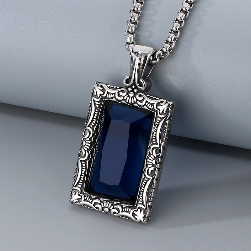 Retro Engraved Sapphire Inlaid Titanium Steel Hip-Hop Pendant for Men