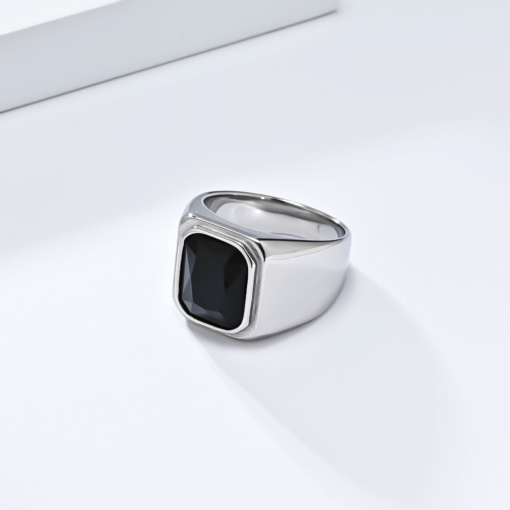 Planderful Personalized Light Luxury Men's Square Gemstone Ring Titanium Steel Gold-Plated