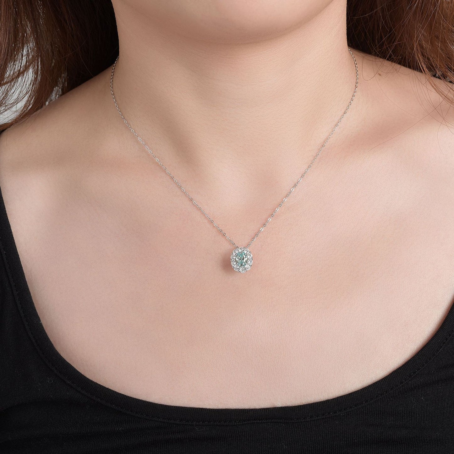 French Paraiba Color Lake Water Blue Moissanite Pendant Necklace