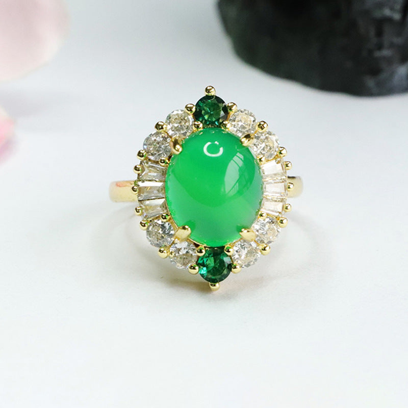 Emperor's Fortune Green Chalcedony Ring with Red Agate and Zircon Slots