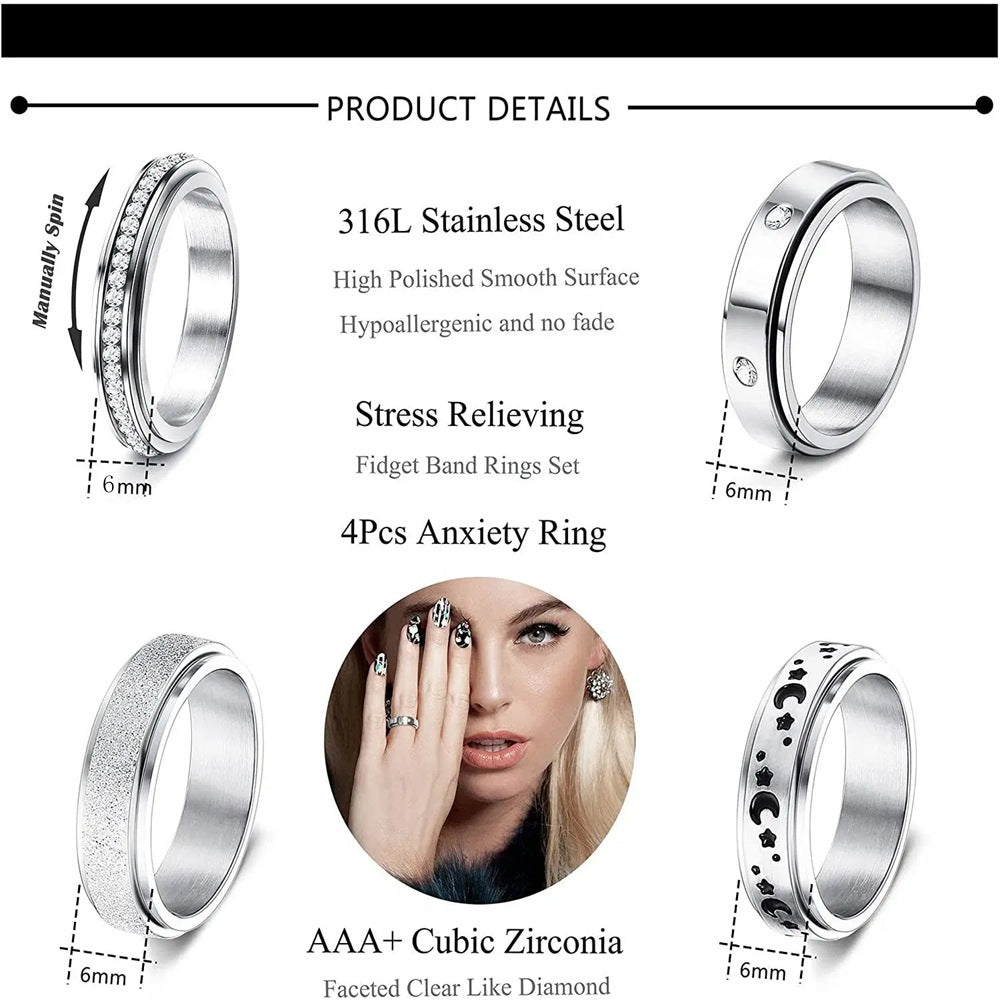 Planderful Titanium Steel Rotating Ring Set For Couples Unisex Premium Durable Jewelry Moon Star Design Protection