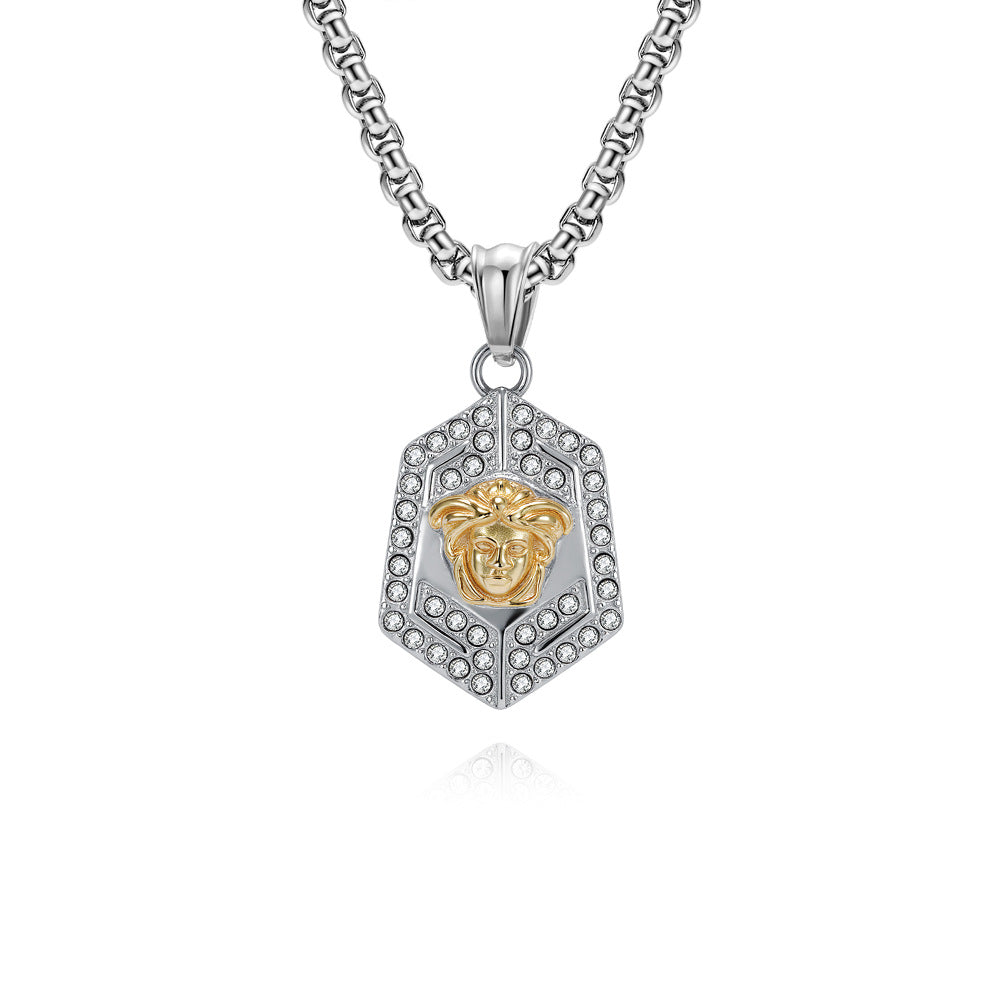 Planderful Medusa Pendant Necklace For Men Titanium Steel With Full Zircon Geometric Light Luxury