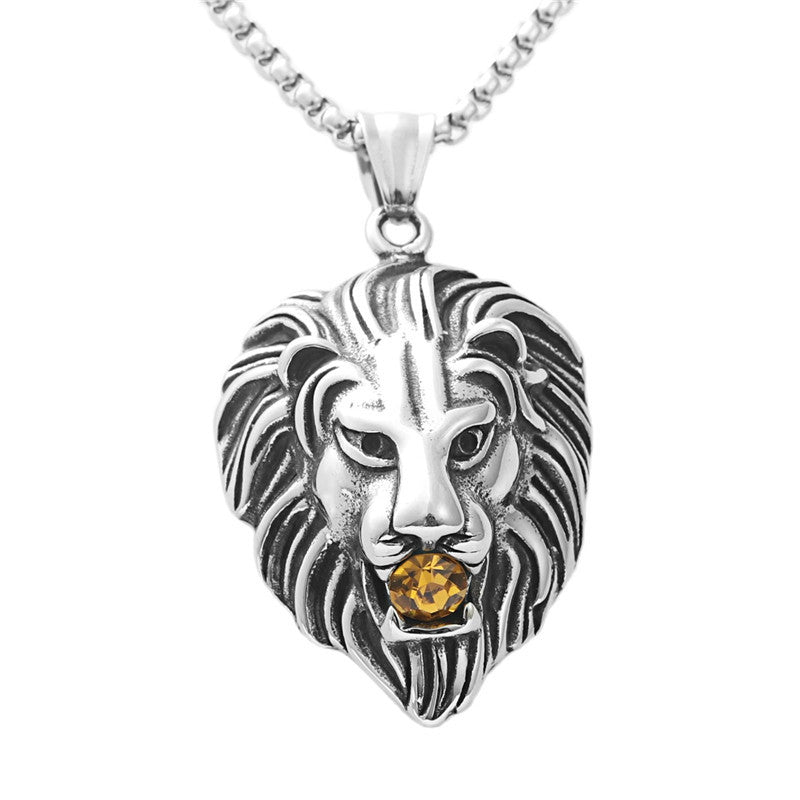 Punk-Inspired Multi-Colored Stone Lion Pendant Necklace for Men in Titanium Steel