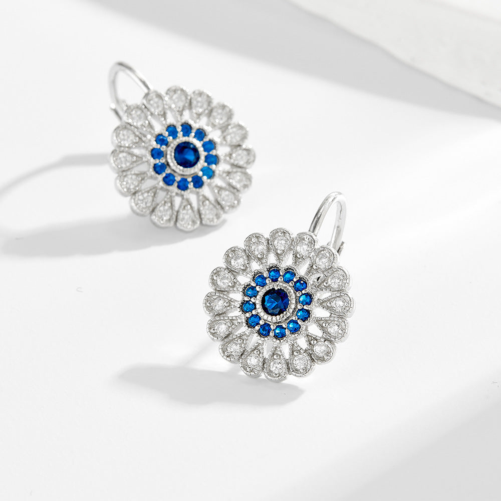 Planderful S925 Sterling Silver Sunflower Stud Earrings With Blue Zircon Luxury Jewelry For Women