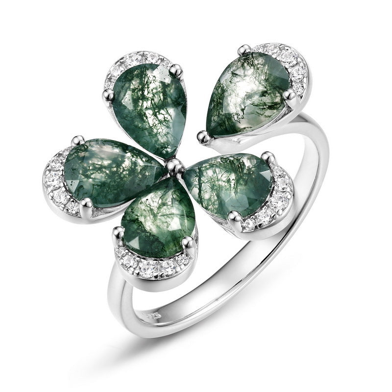 Planderful Jewelry Sterling Silver Moss Agate Ring Open Flower Design Adjustable Fit