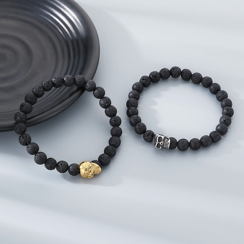 Planderful Men Skull Beaded Elastic Bracelet Volcanic Stone