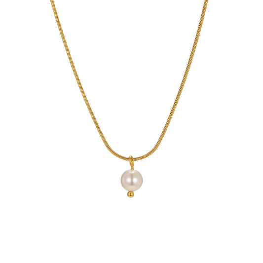 Stainless Steel – Round Snake Chain Imitation Pearl Necklace Gold