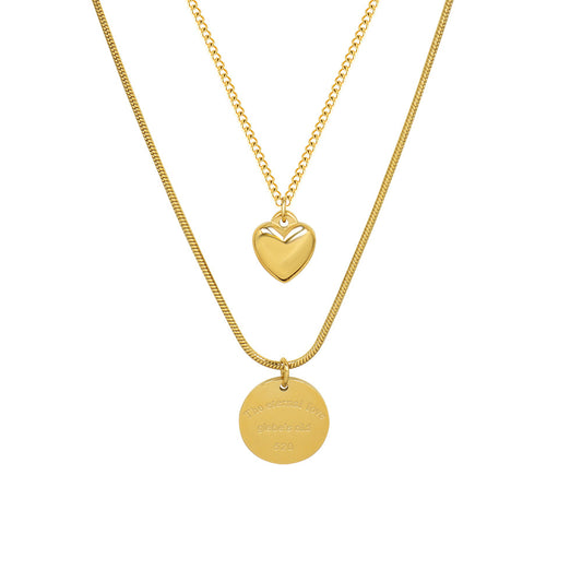 Peach Heart Pendant Double-Layer Gold Necklace with French Elegance