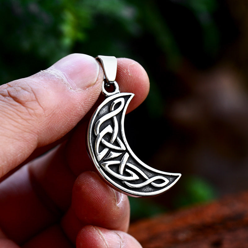 Titanium Steel Minimalist Moon Pendant Necklace for Men, Nordic Retro Viking Celtic Knot Design