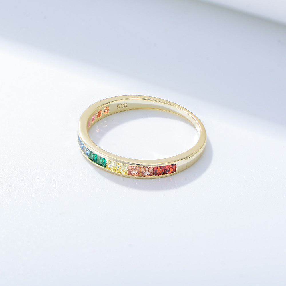 Accessories S925 Sterling Silver Micro-Inlaid Square Rainbow Zircon Ring Jewelry