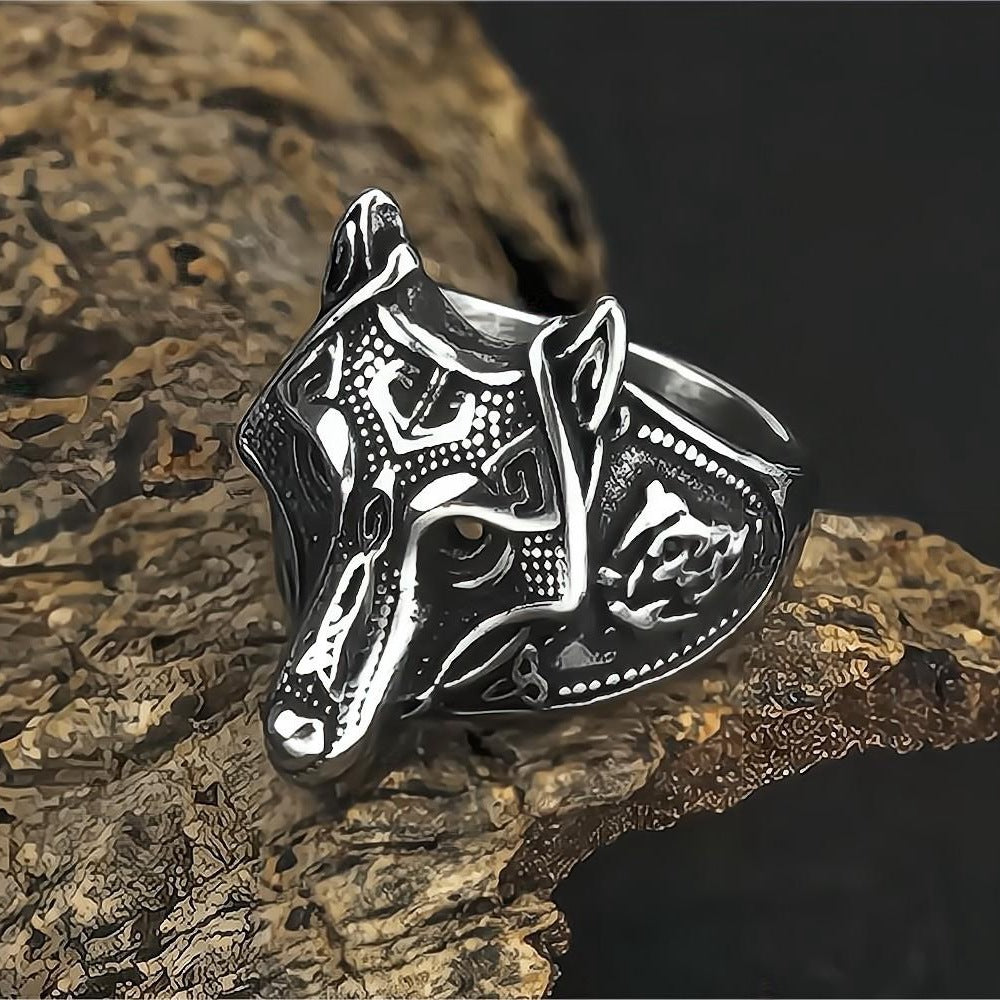 European And American Jewelry Wholesale Men's Titanium Steel Ring Retro Viking Wolf Head Hip-Hop Personality Ring
