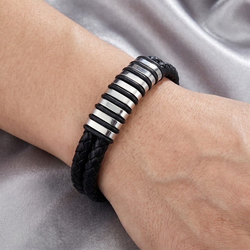 Blue/Black Leather Bracelet Double Layer Braided Microfiber Leather Stainless Steel