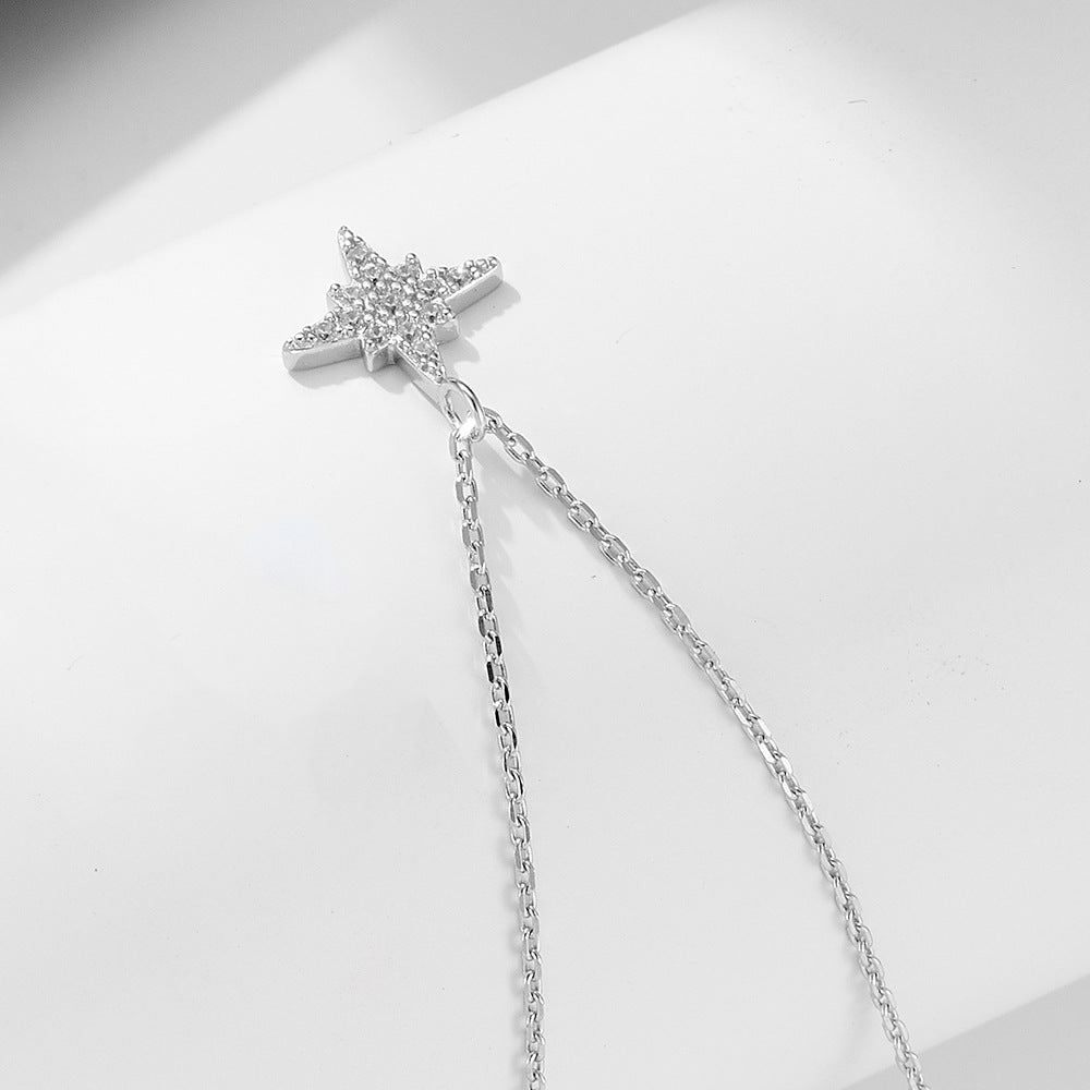 Full Zircon Octagram Sterling Silver Necklace Clavicle Chain Pendant