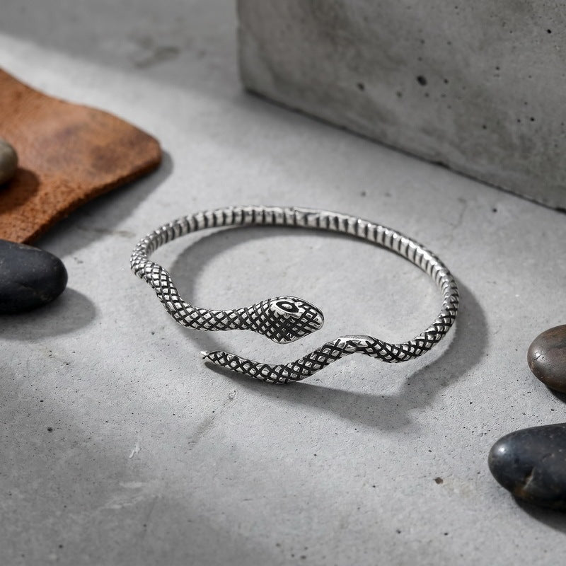 Punk Style Antique Winding Snake Thin Bracelet Goth Zircon Flower Stainless Steel Men's