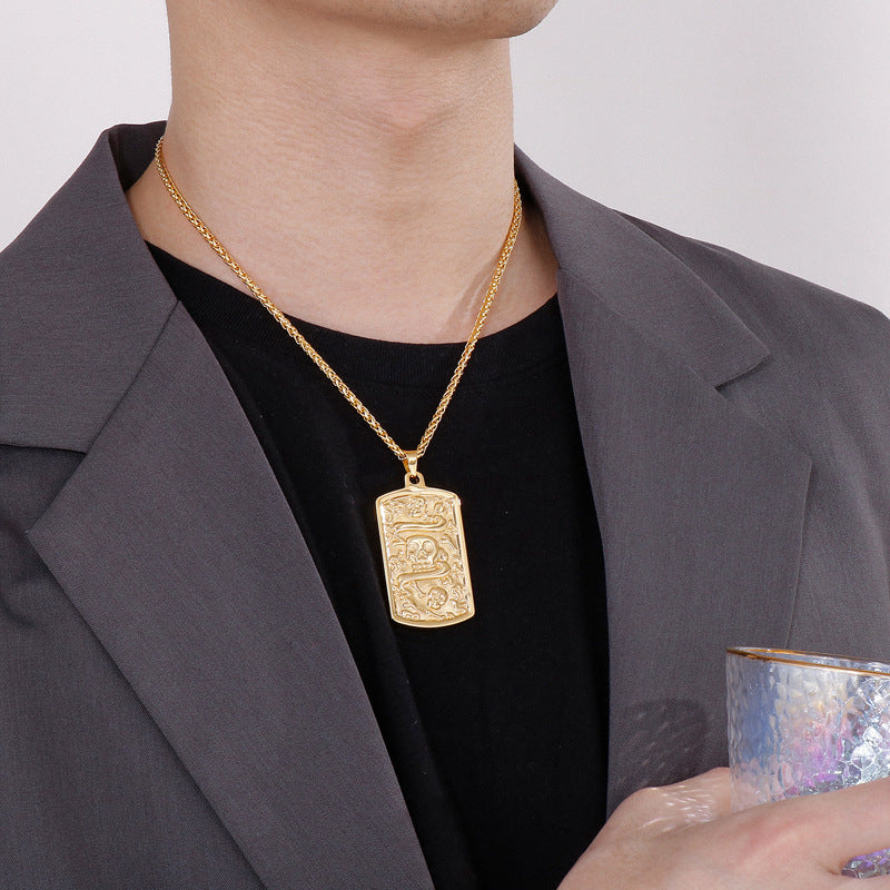 Customizable Square Pendant Necklace with Korean-Inspired Simple Bone Skull Flower Basket Chain in Titanium Steel for Men