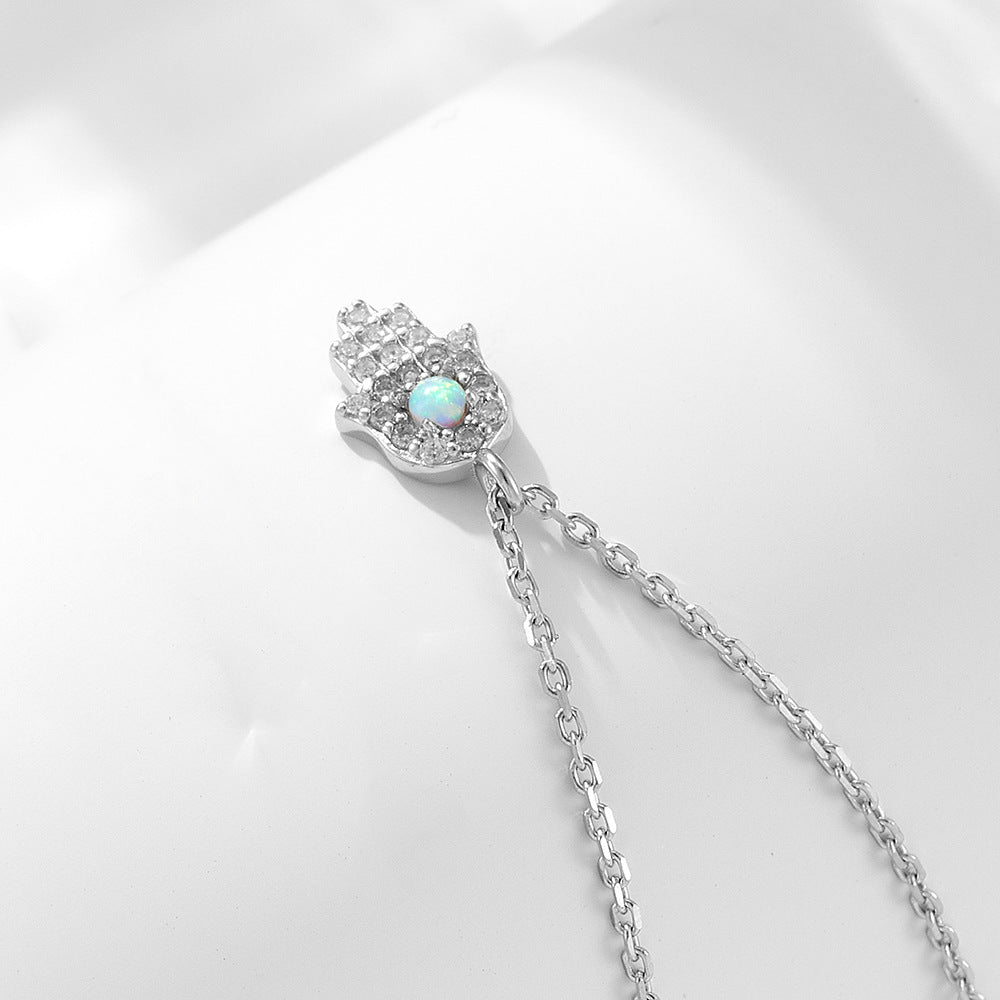 925 Sterling Silver Fatima Hand Necklace Zircon Opal Mini Palm Clavicle Chain