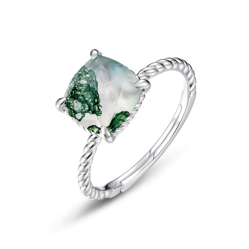 S925 Sterling Silver Moss Agate Dainty Ring