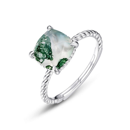 S925 Sterling Silver Moss Agate Dainty Ring