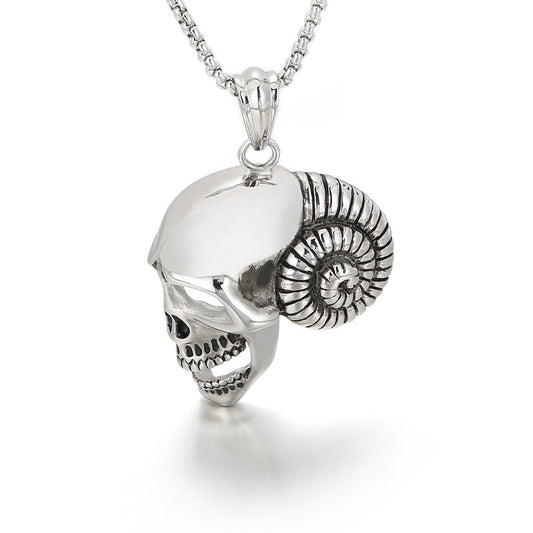 Men's Exaggerated Pirate Skull Pendant in Stainless Steel with Sheep Horn Design