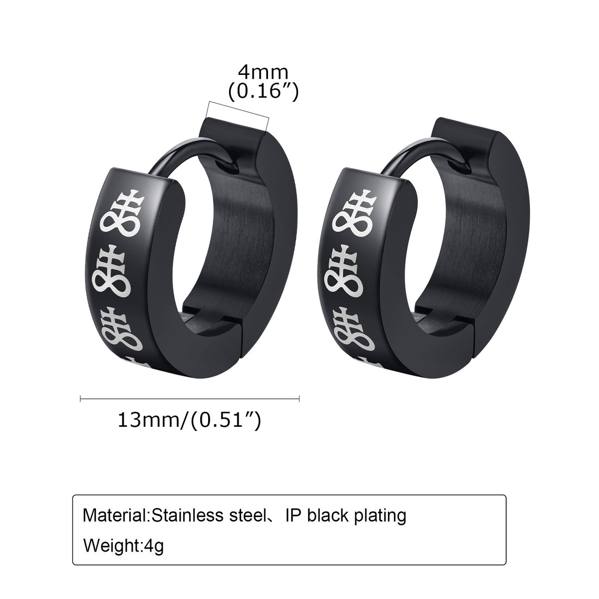 Engraved Black Symbol Hoop Earrings — Seven Designs