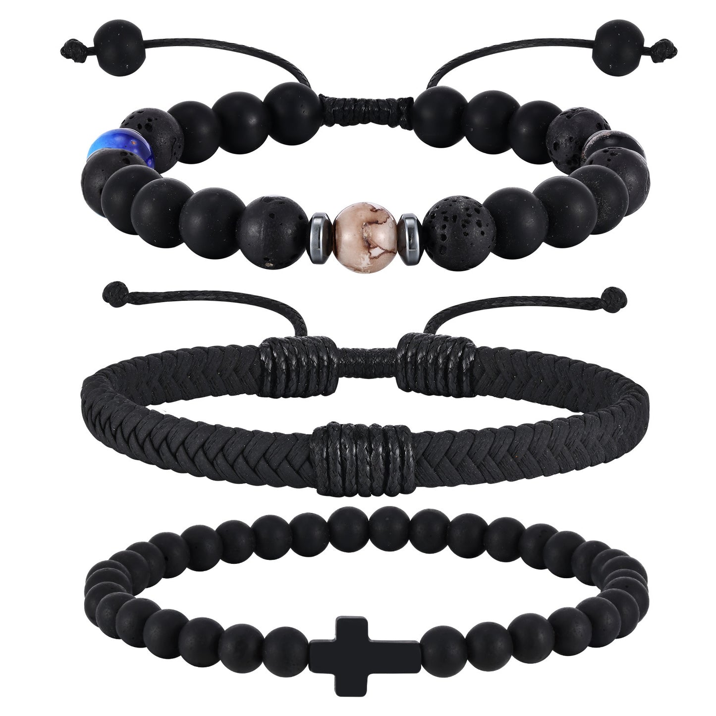 Planderful Devil Eye Black Agate Beaded PU Skin Bracelet Men