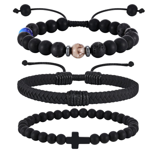 Planderful Devil Eye Black Agate Beaded PU Skin Bracelet Men