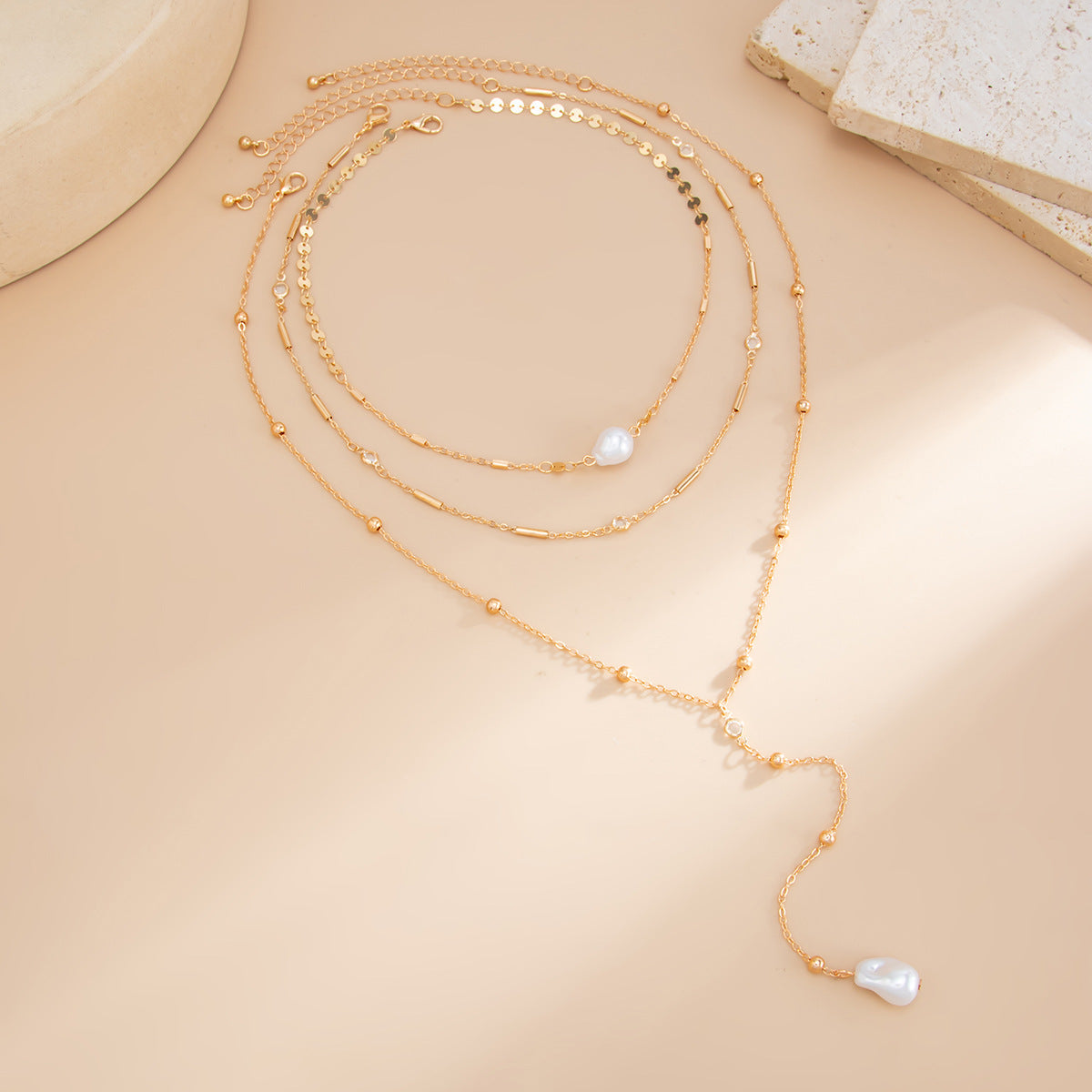 Imitation Pearl Necklace Y-Shaped Fringed Thin Chain