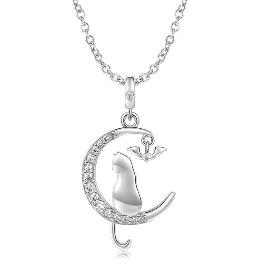 Crescent Moon with Cat and Bat Zircon Silver Necklace